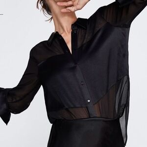 Zara Black Satin Semi Sheer Button Down Blouse Women's Size XL